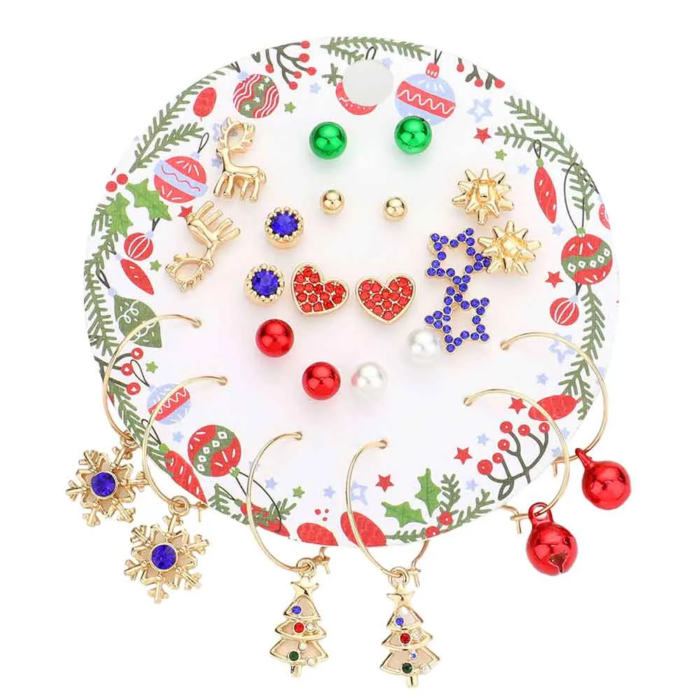 12 Pairs Christmas Tree, Snowflake, Heart, and Star Pearl Earrings Set