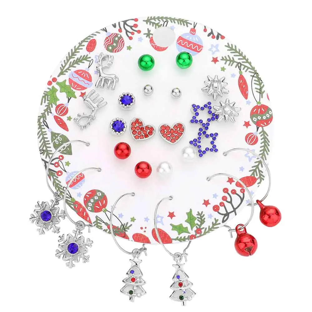 12 Pairs Christmas Tree, Snowflake, Heart, and Star Pearl Earrings Set