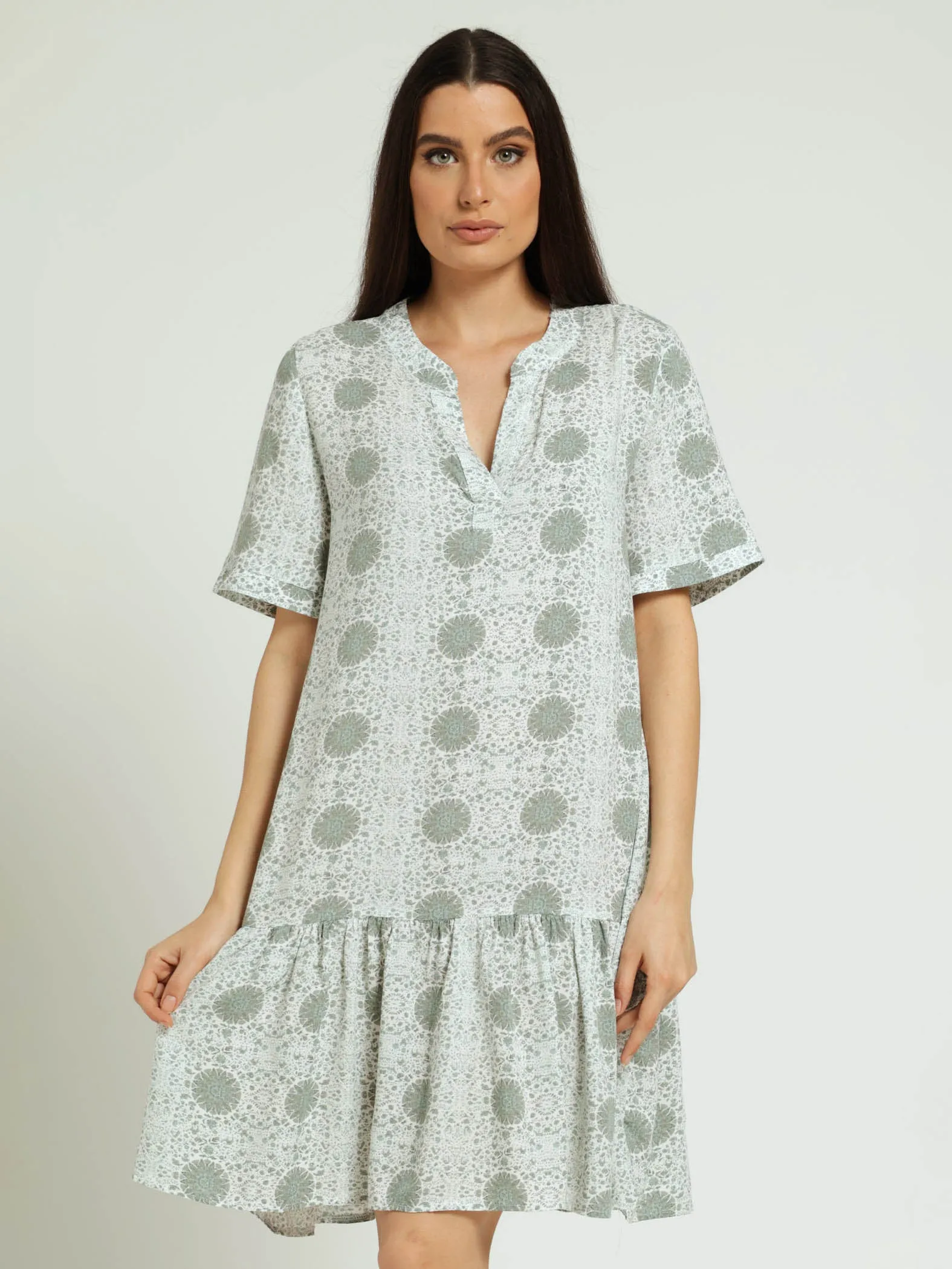 1/4 Placket Drop Hem Shift Dress - Sage