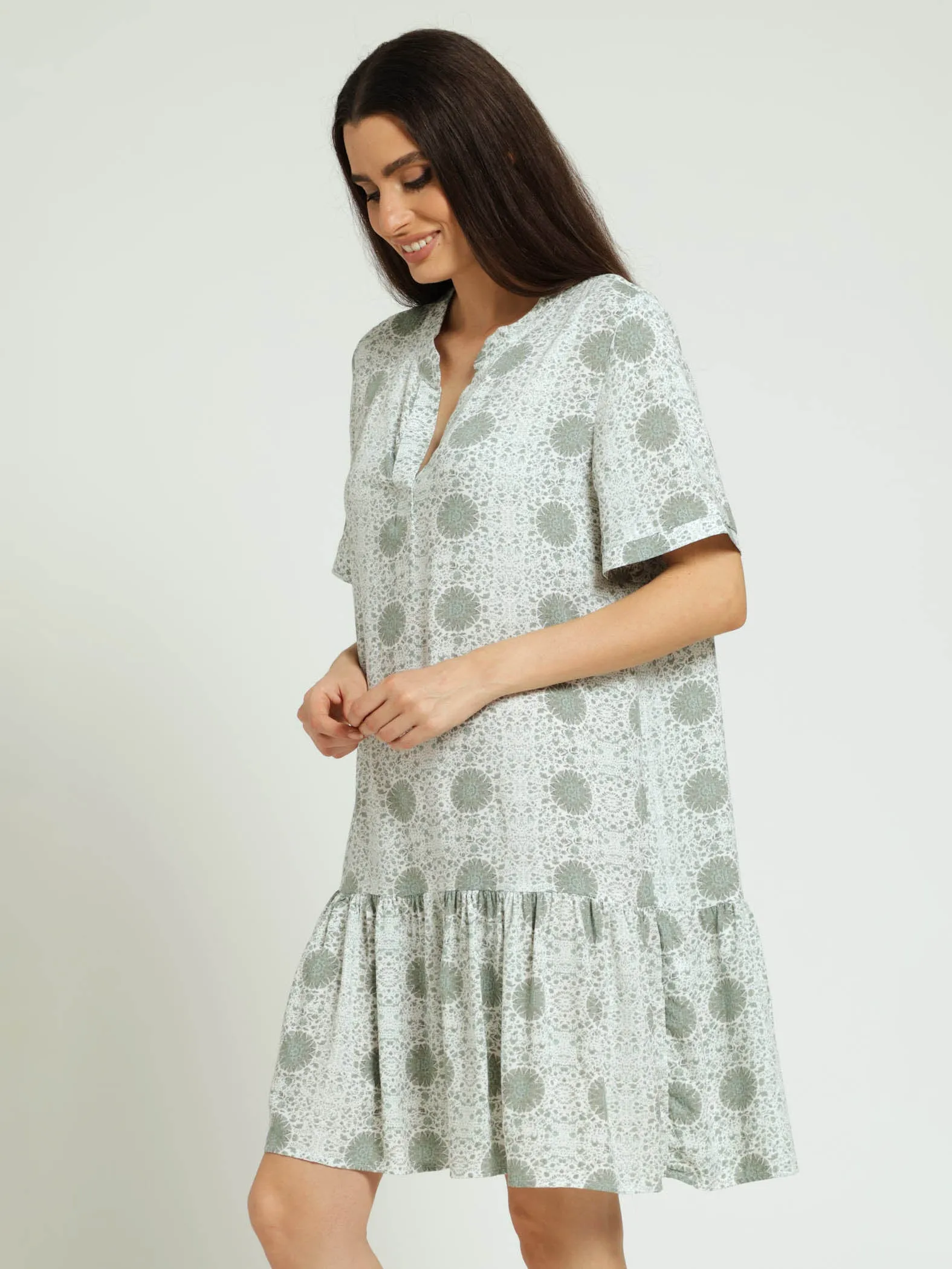 1/4 Placket Drop Hem Shift Dress - Sage