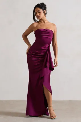 Ace | Robe longue en satin prune à encolure en bandeau et drapé à volants