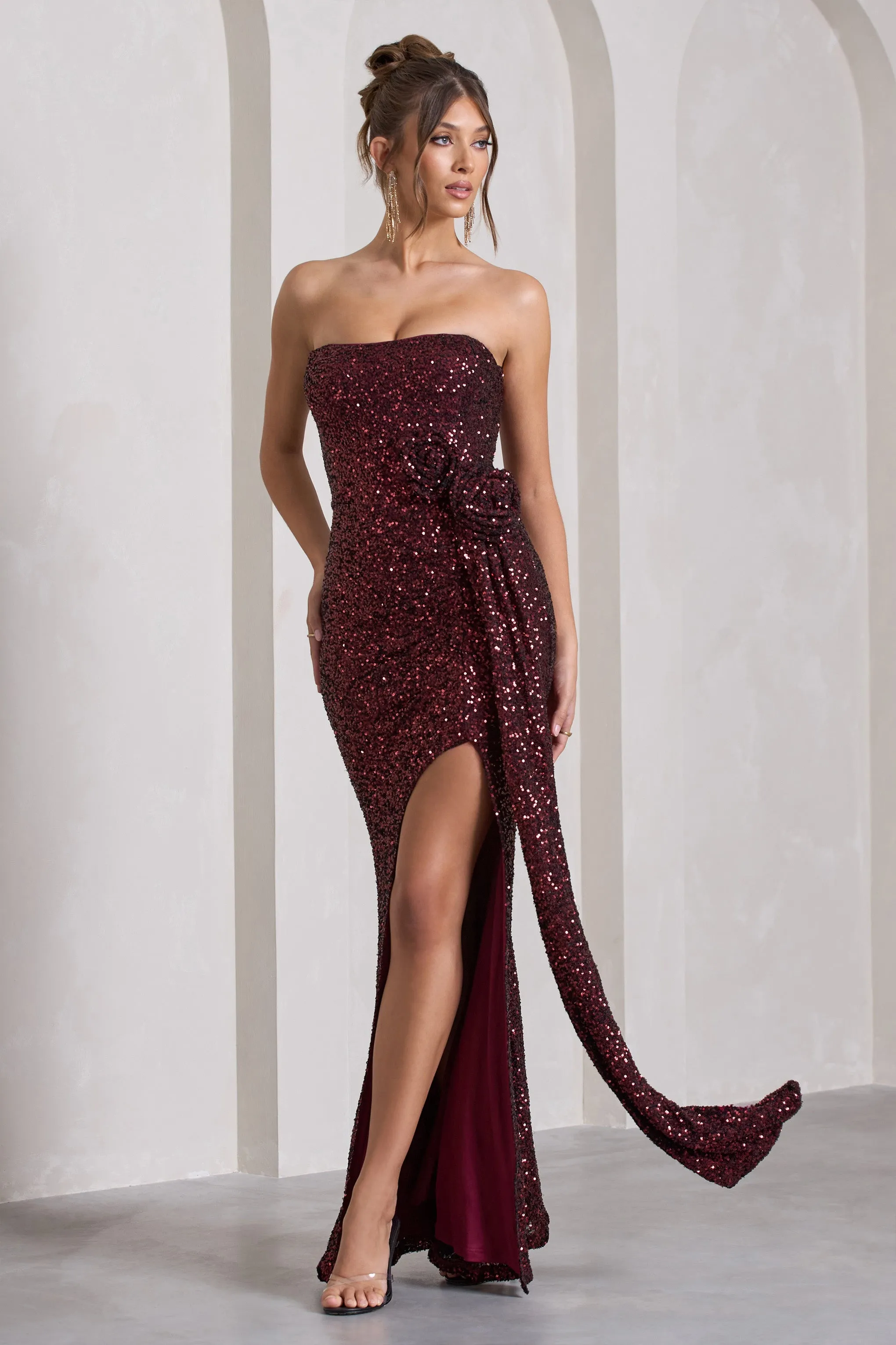 Alexandria | Robe longue à sequin rouge bordeaux et corset fleuri