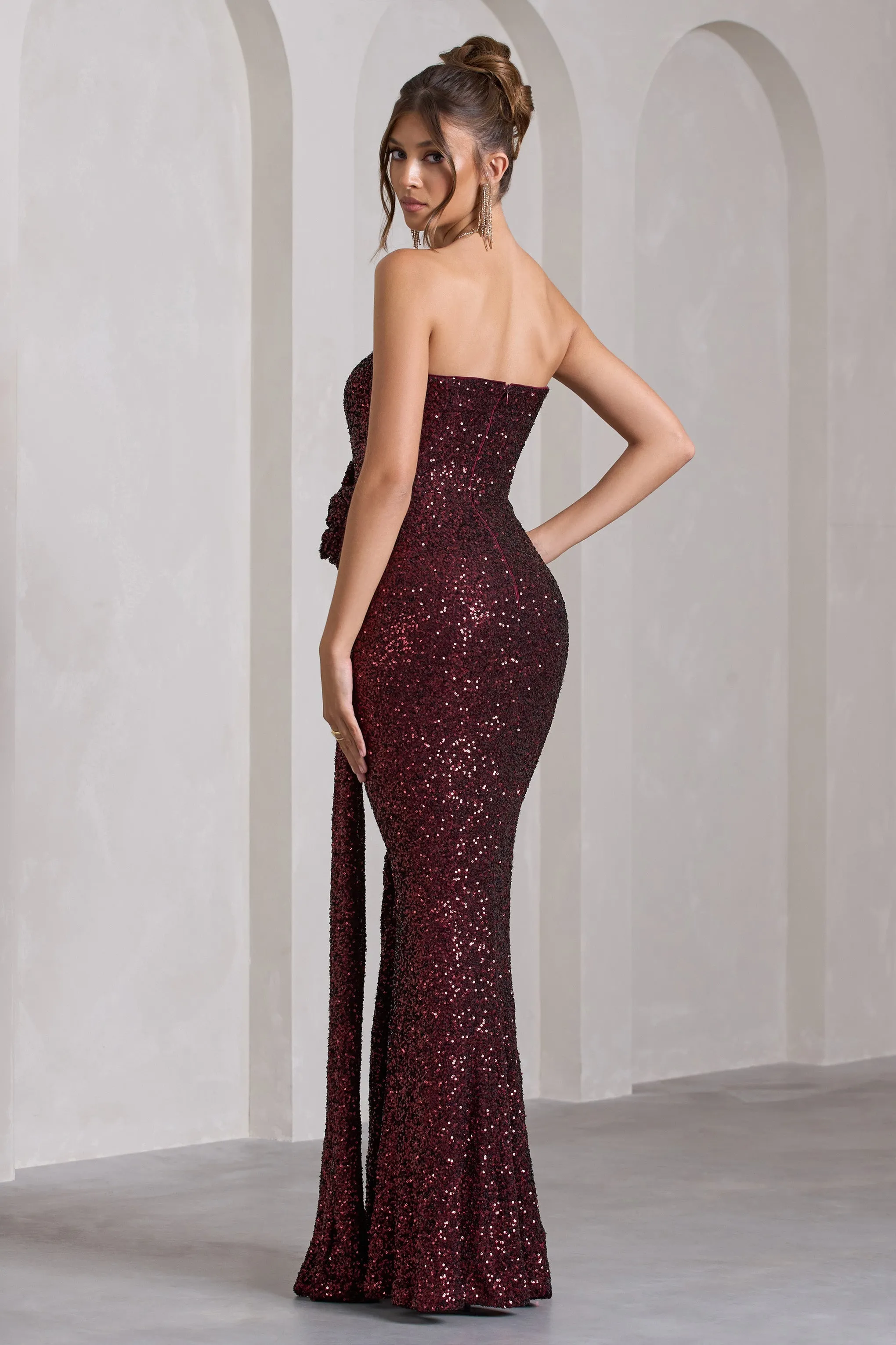 Alexandria | Robe longue à sequin rouge bordeaux et corset fleuri