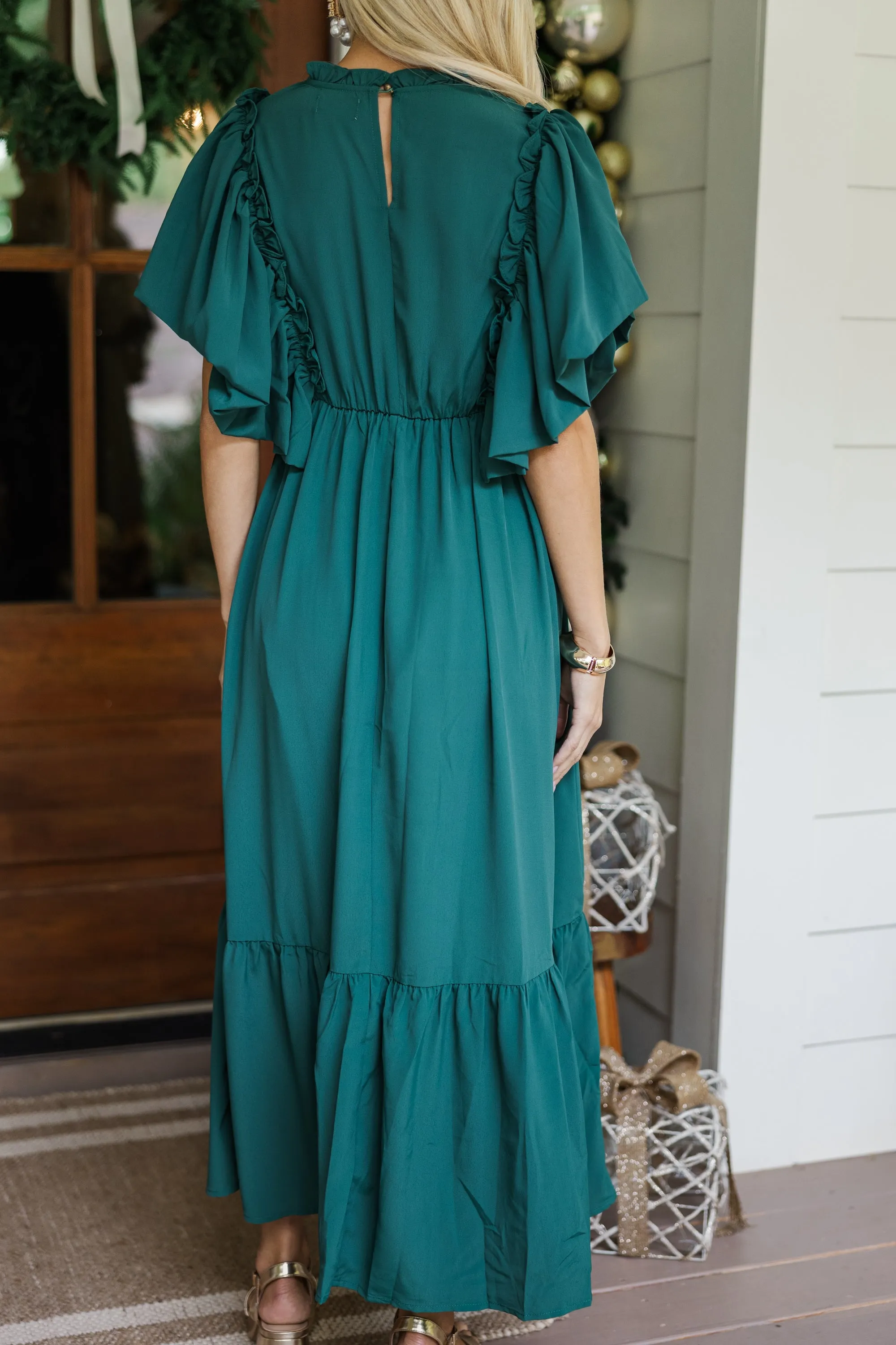 All The Good Emerald Green Ruffled Midi Dress