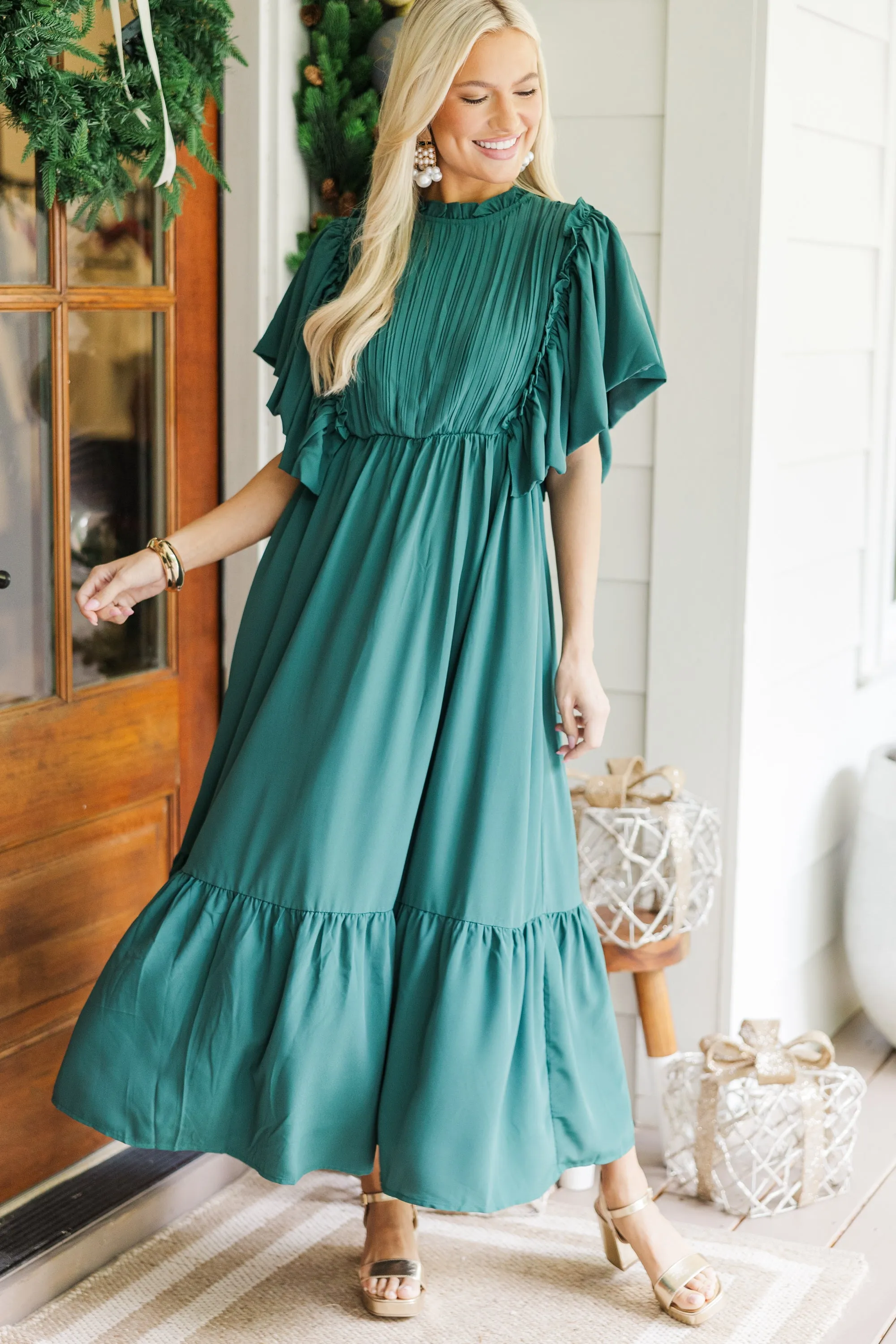 All The Good Emerald Green Ruffled Midi Dress