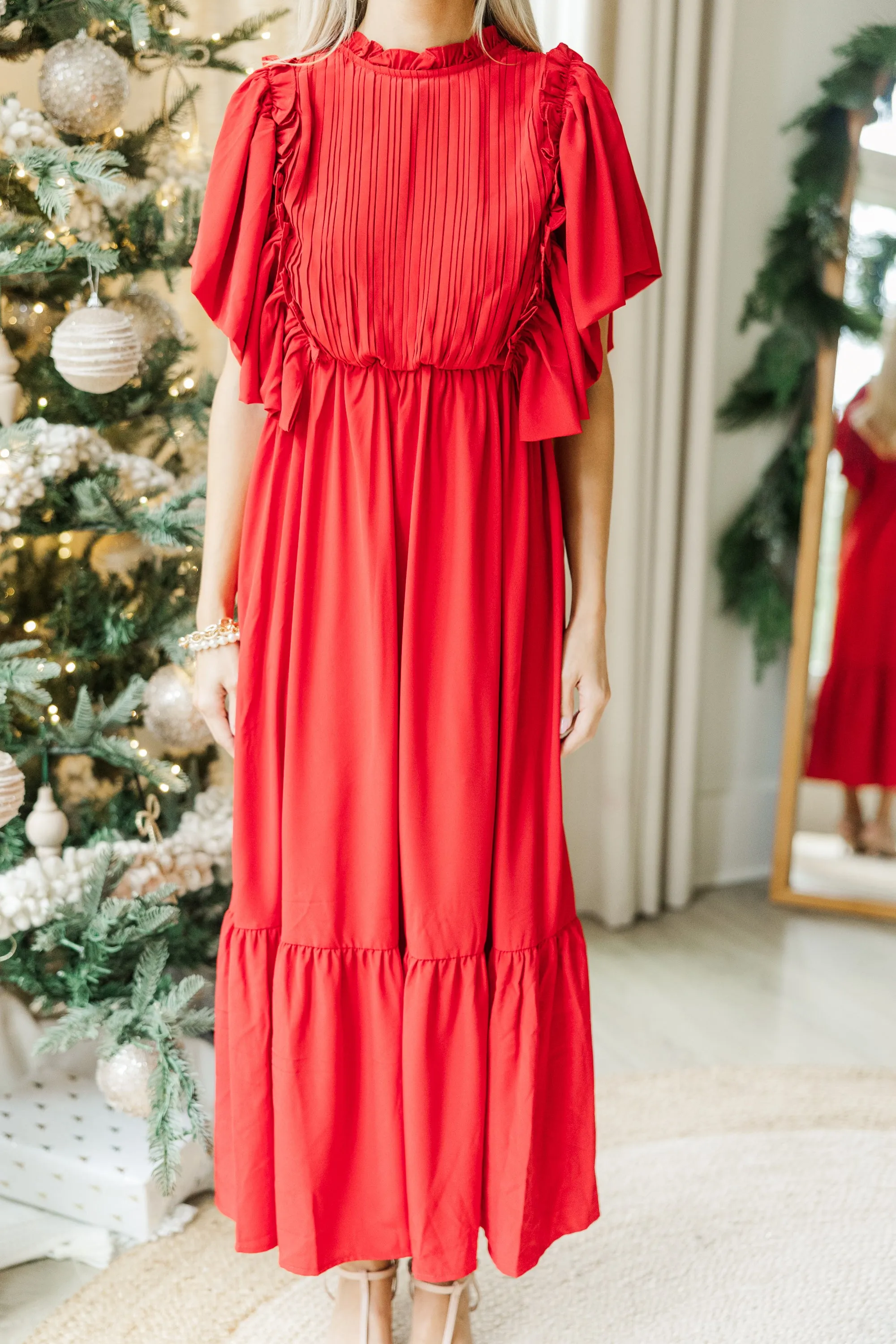 All The Good Red Ruffled Midi Dress