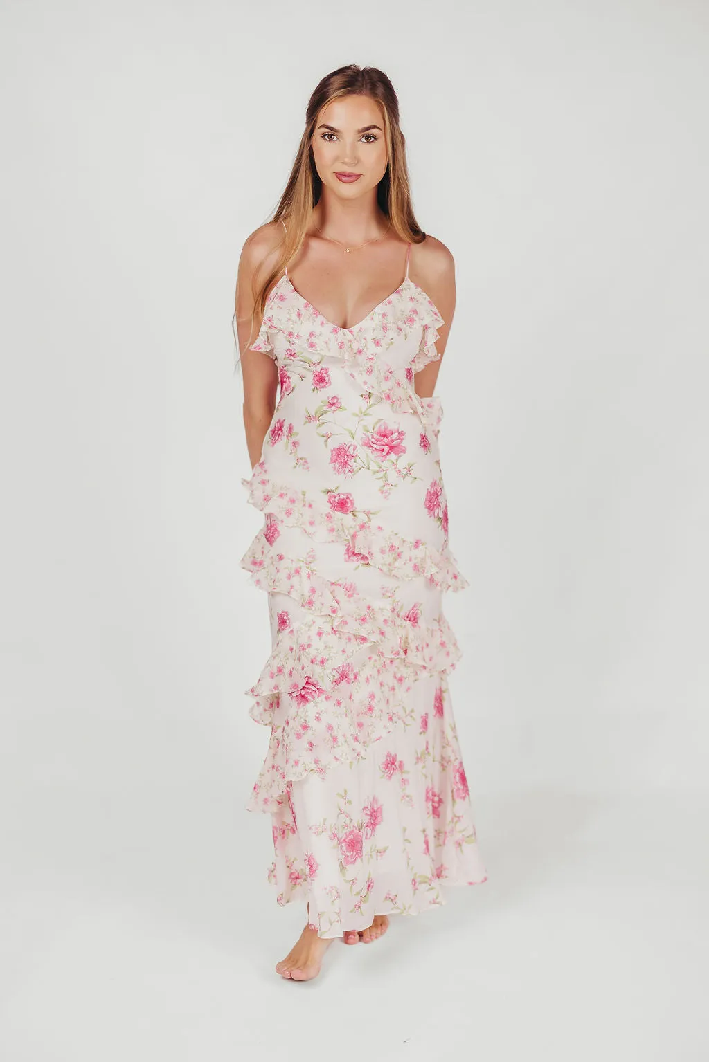 Amelia Ruffle Maxi Dress in Ivory/Pink Floral