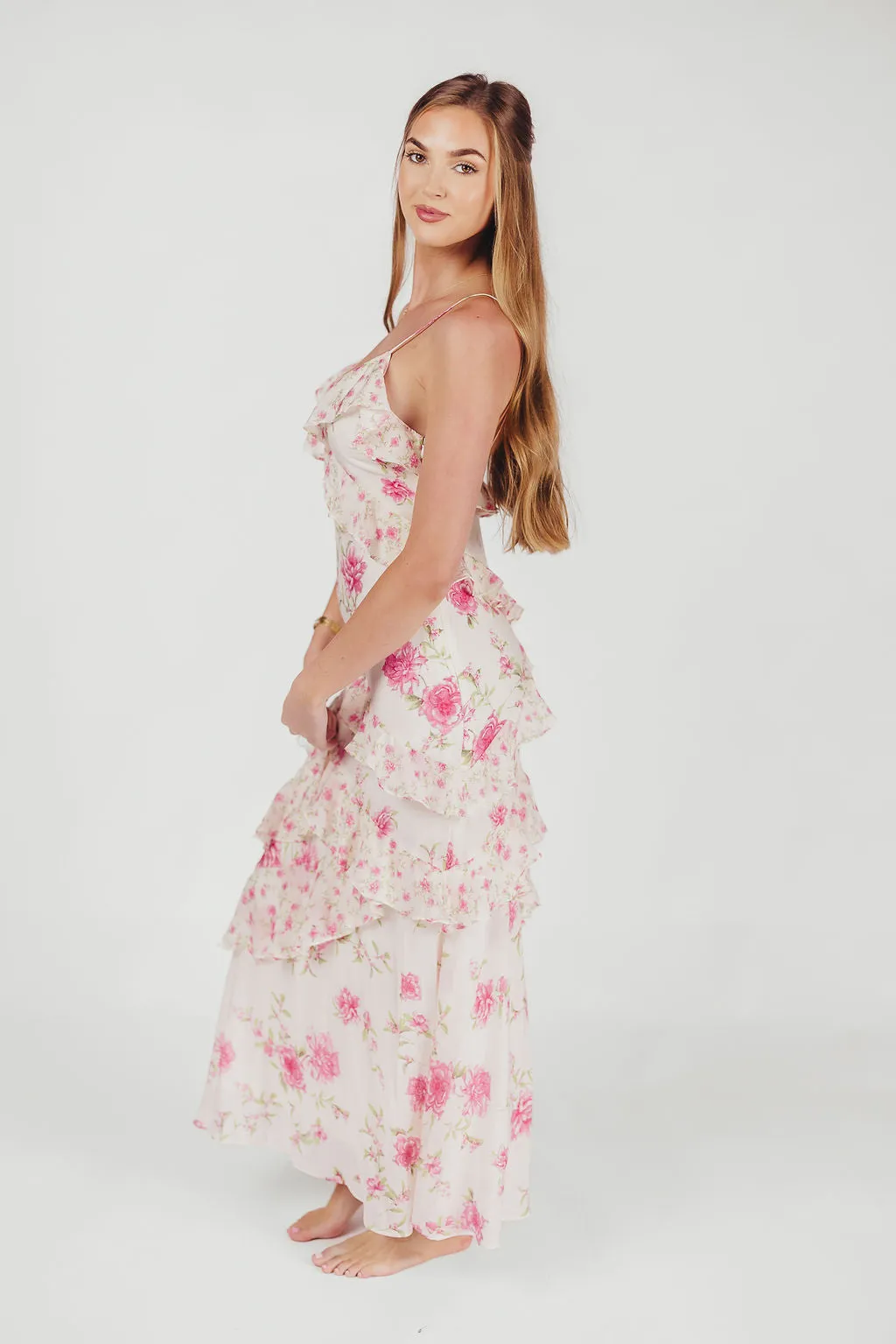 Amelia Ruffle Maxi Dress in Ivory/Pink Floral