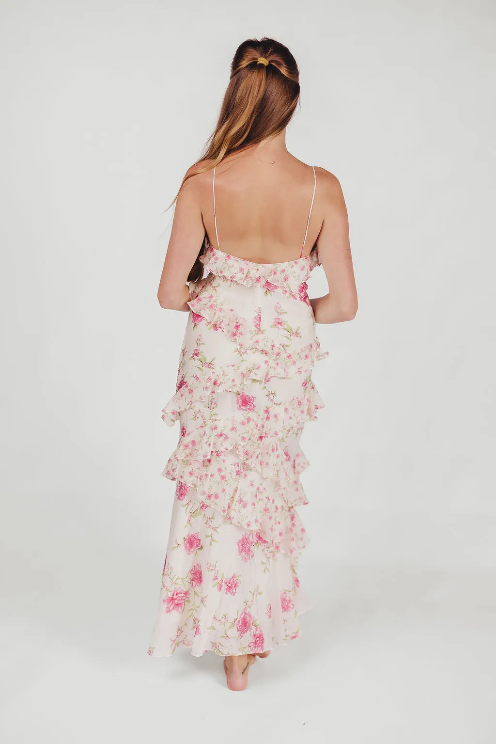 Amelia Ruffle Maxi Dress in Ivory/Pink Floral