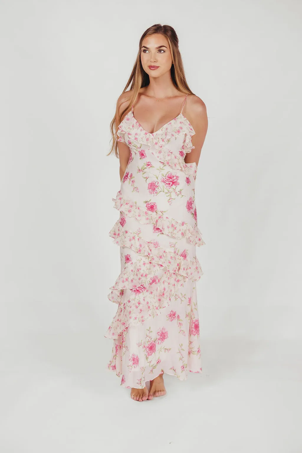 Amelia Ruffle Maxi Dress in Ivory/Pink Floral