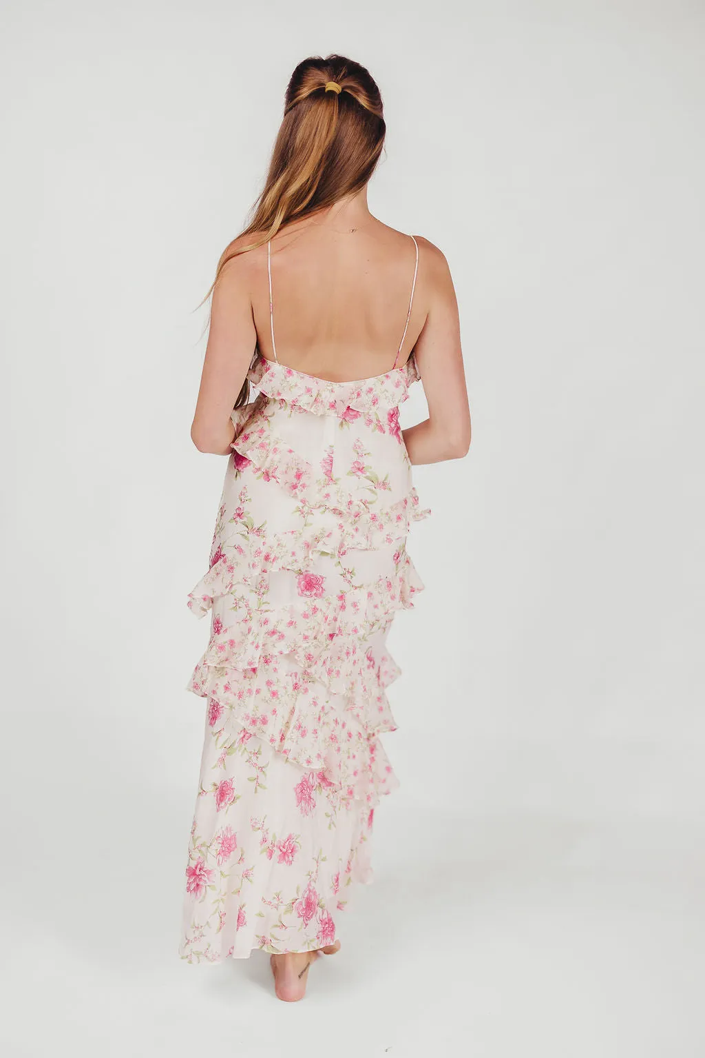 Amelia Ruffle Maxi Dress in Ivory/Pink Floral