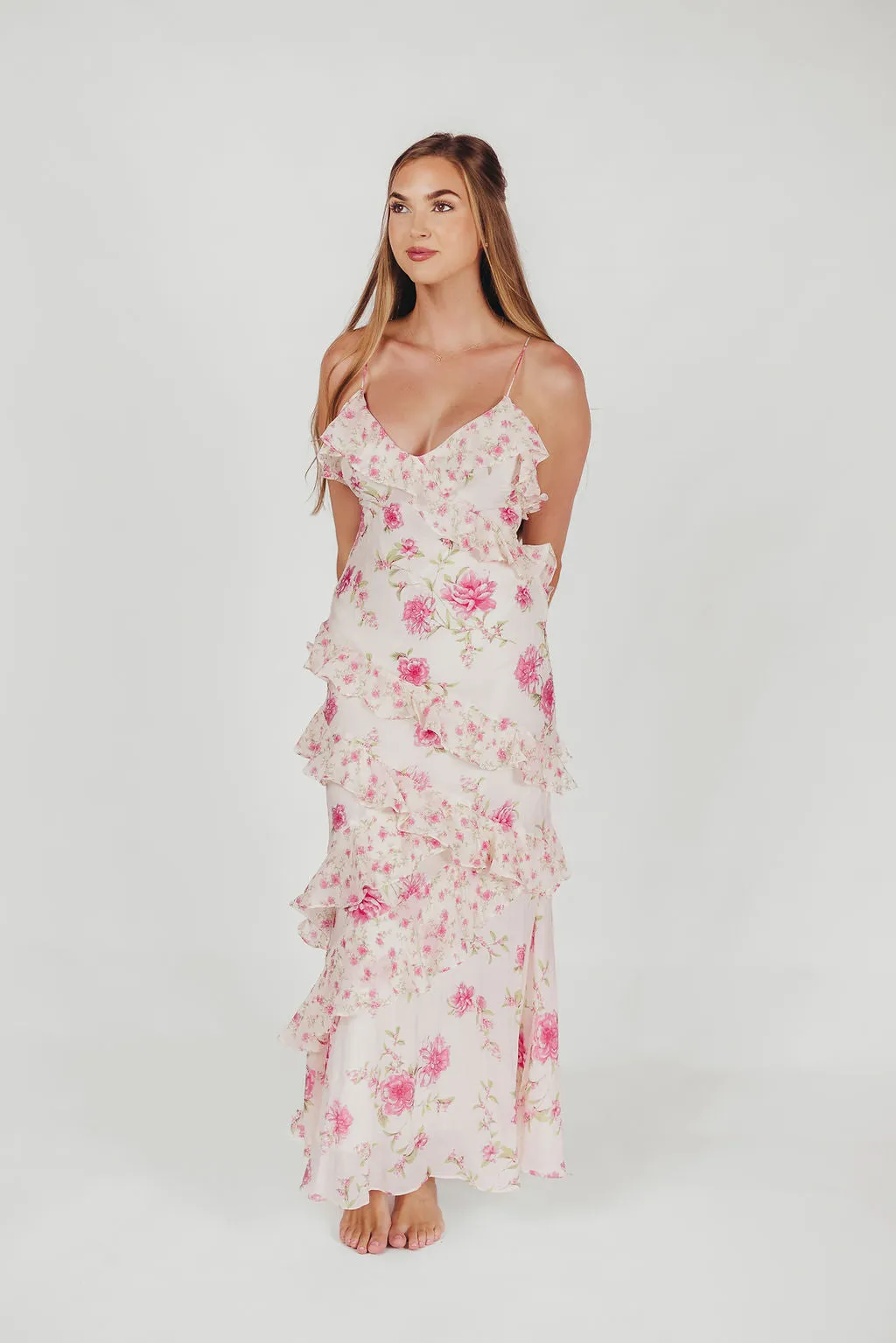 Amelia Ruffle Maxi Dress in Ivory/Pink Floral