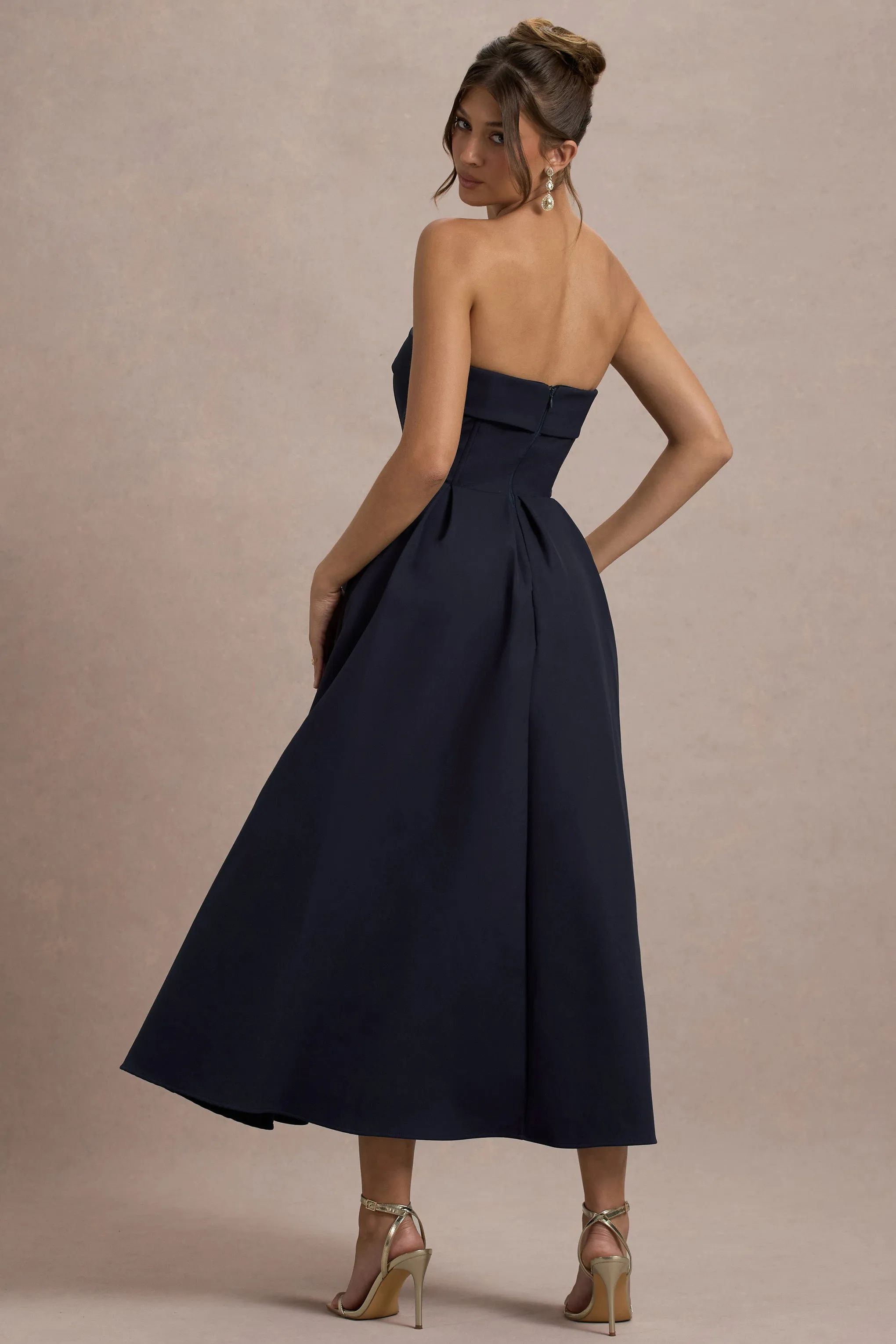 Annalise | Robe Mi-Longue Bleu Marine vasée à Bandeau