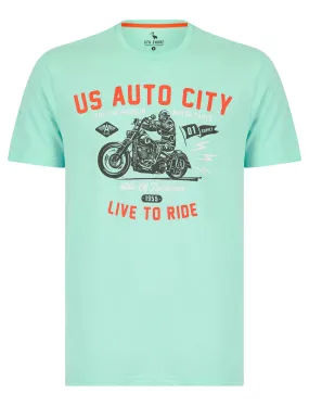 Auto City Motif Cotton Jersey T-Shirt in Limpet Shell Blue - South Shore