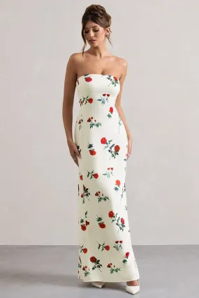 Azra | Robe longue  en satin à imprimé floral et décolleté bandeau