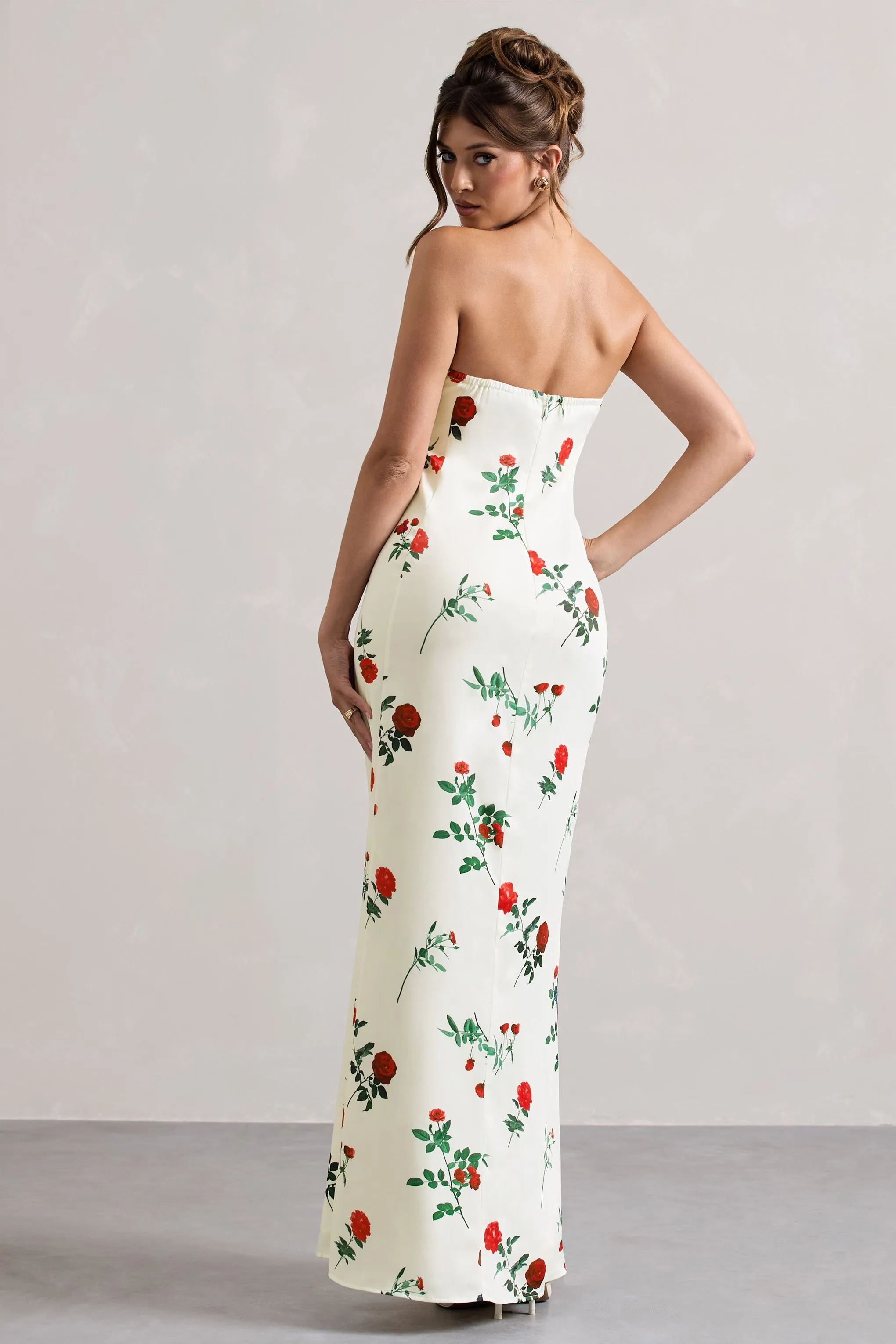 Azra | Robe longue  en satin à imprimé floral et décolleté bandeau