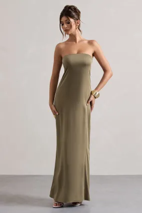 Azra | Robe longue  en satin vert olive et décolleté bandeau