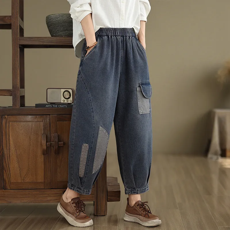 Babakud Women Autumn Retro Patchwork Casual Cotton Denim Pants