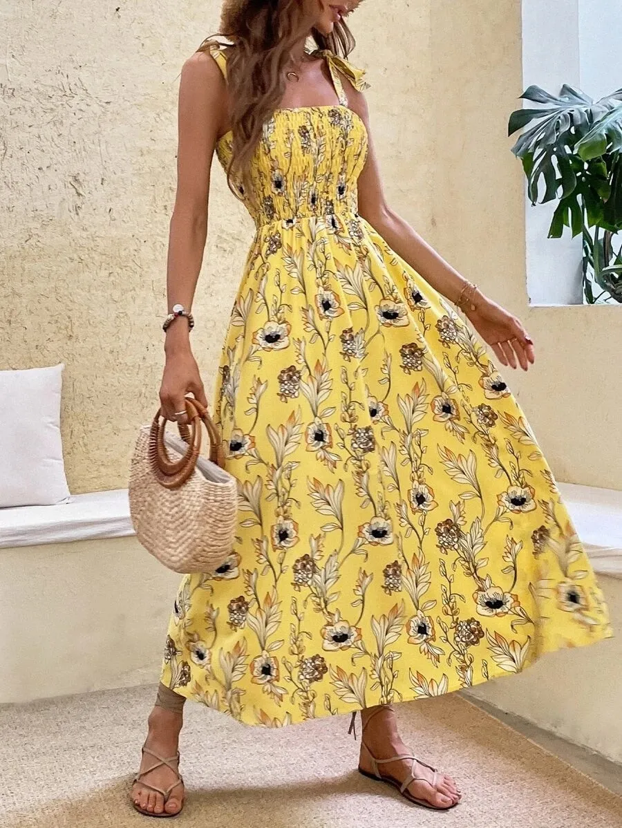 Back to School Fashion Women Summer Print Jacquard A-Line Dress Shrinkage Design Bow Decor Sling Sleeveless Backless High Waist Slim Long Dress