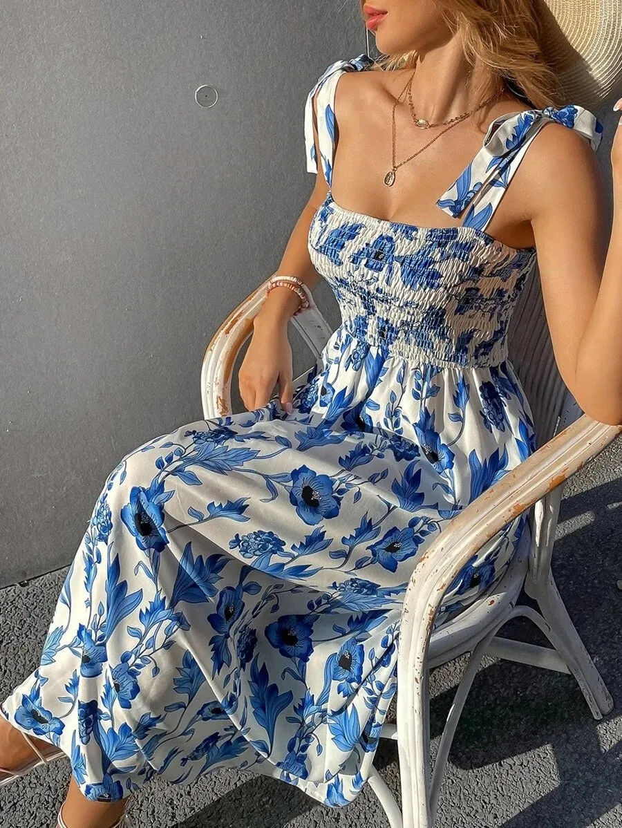 Back to School Fashion Women Summer Print Jacquard A-Line Dress Shrinkage Design Bow Decor Sling Sleeveless Backless High Waist Slim Long Dress