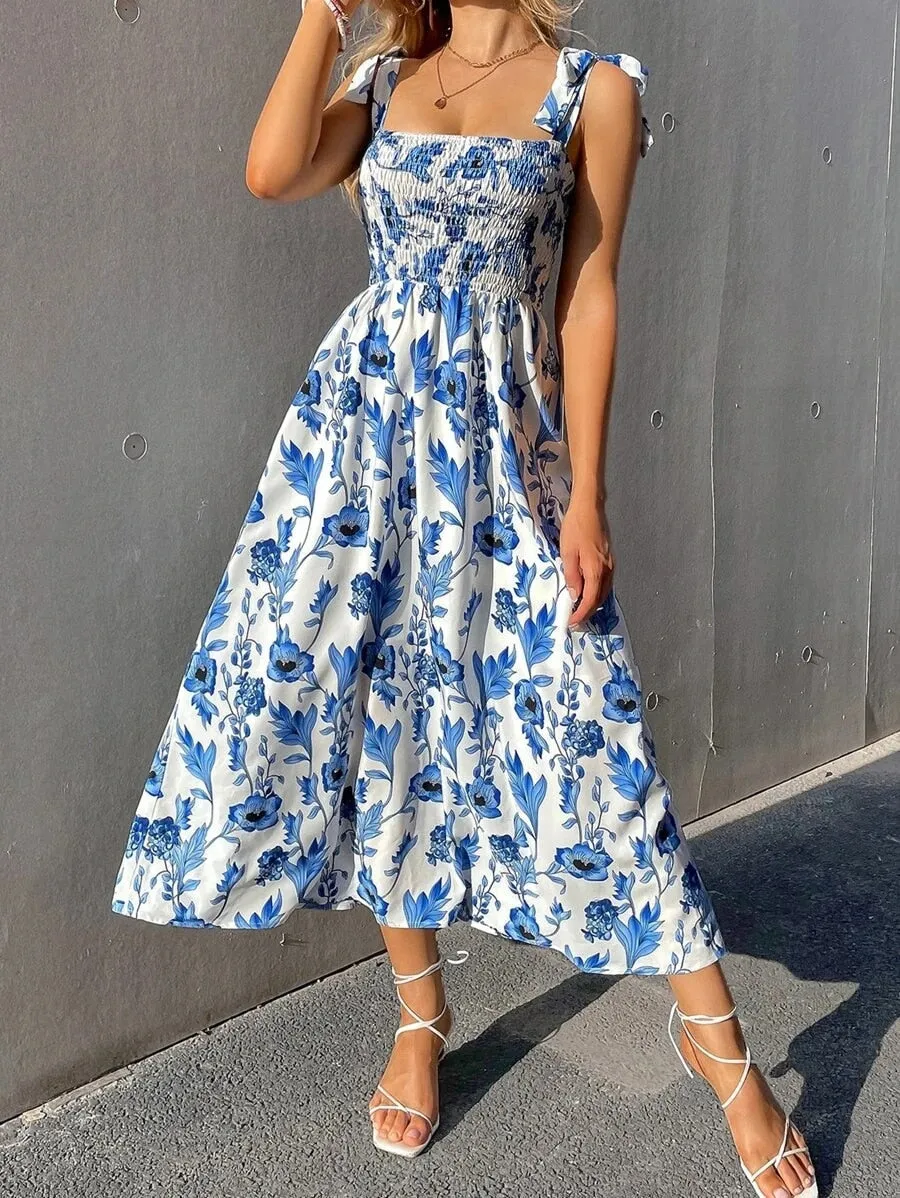 Back to School Fashion Women Summer Print Jacquard A-Line Dress Shrinkage Design Bow Decor Sling Sleeveless Backless High Waist Slim Long Dress