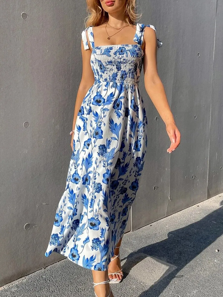 Back to School Fashion Women Summer Print Jacquard A-Line Dress Shrinkage Design Bow Decor Sling Sleeveless Backless High Waist Slim Long Dress