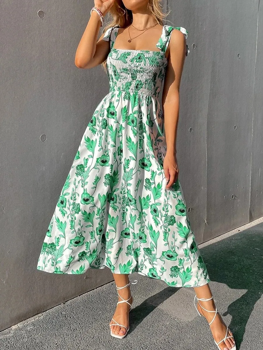 Back to School Fashion Women Summer Print Jacquard A-Line Dress Shrinkage Design Bow Decor Sling Sleeveless Backless High Waist Slim Long Dress