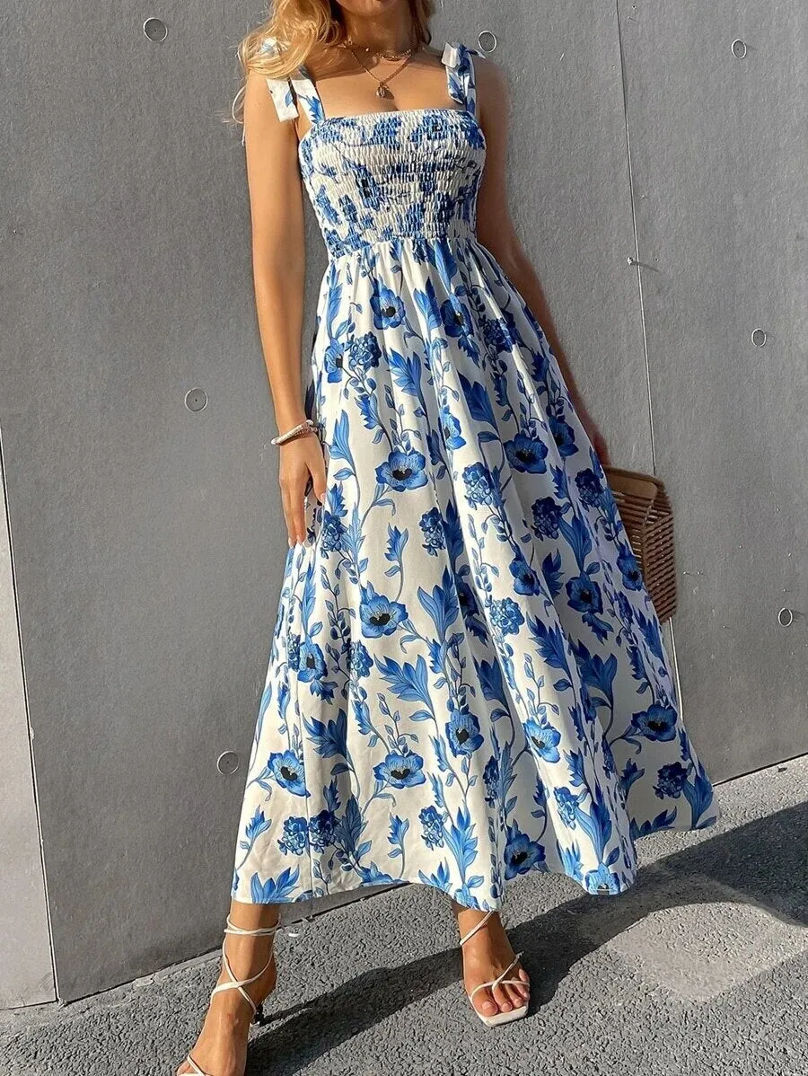 Back to School Fashion Women Summer Print Jacquard A-Line Dress Shrinkage Design Bow Decor Sling Sleeveless Backless High Waist Slim Long Dress