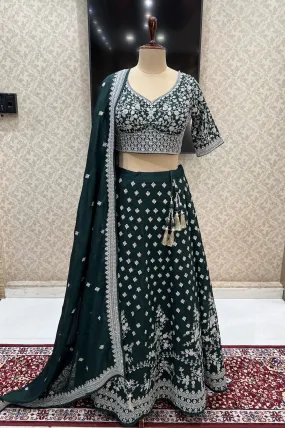 Bottle Green Zari Thread and Stone work Crop Top Lehenga