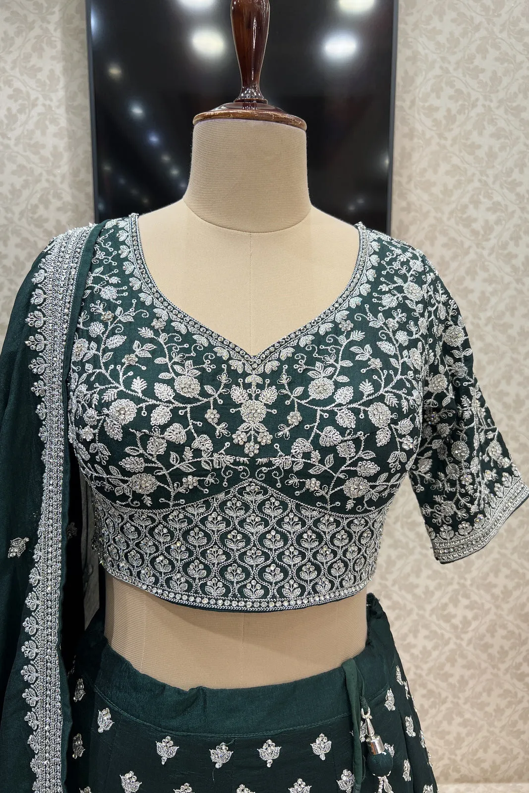 Bottle Green Zari Thread and Stone work Crop Top Lehenga