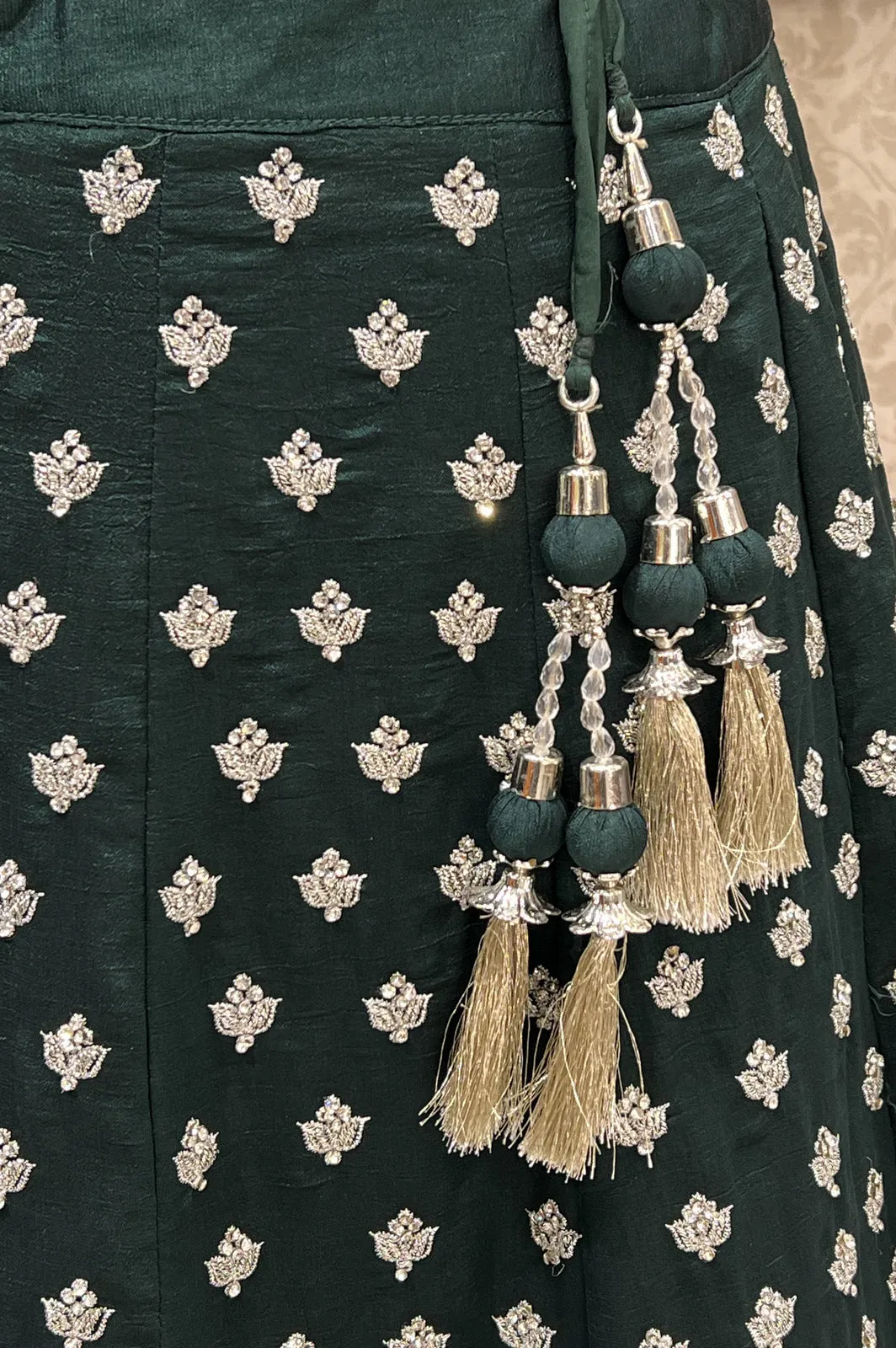 Bottle Green Zari Thread and Stone work Crop Top Lehenga