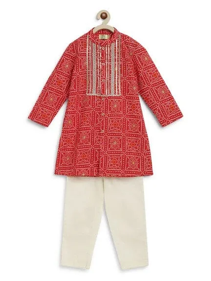 Boy Bandhani Print Cotton Kurta Set - Red