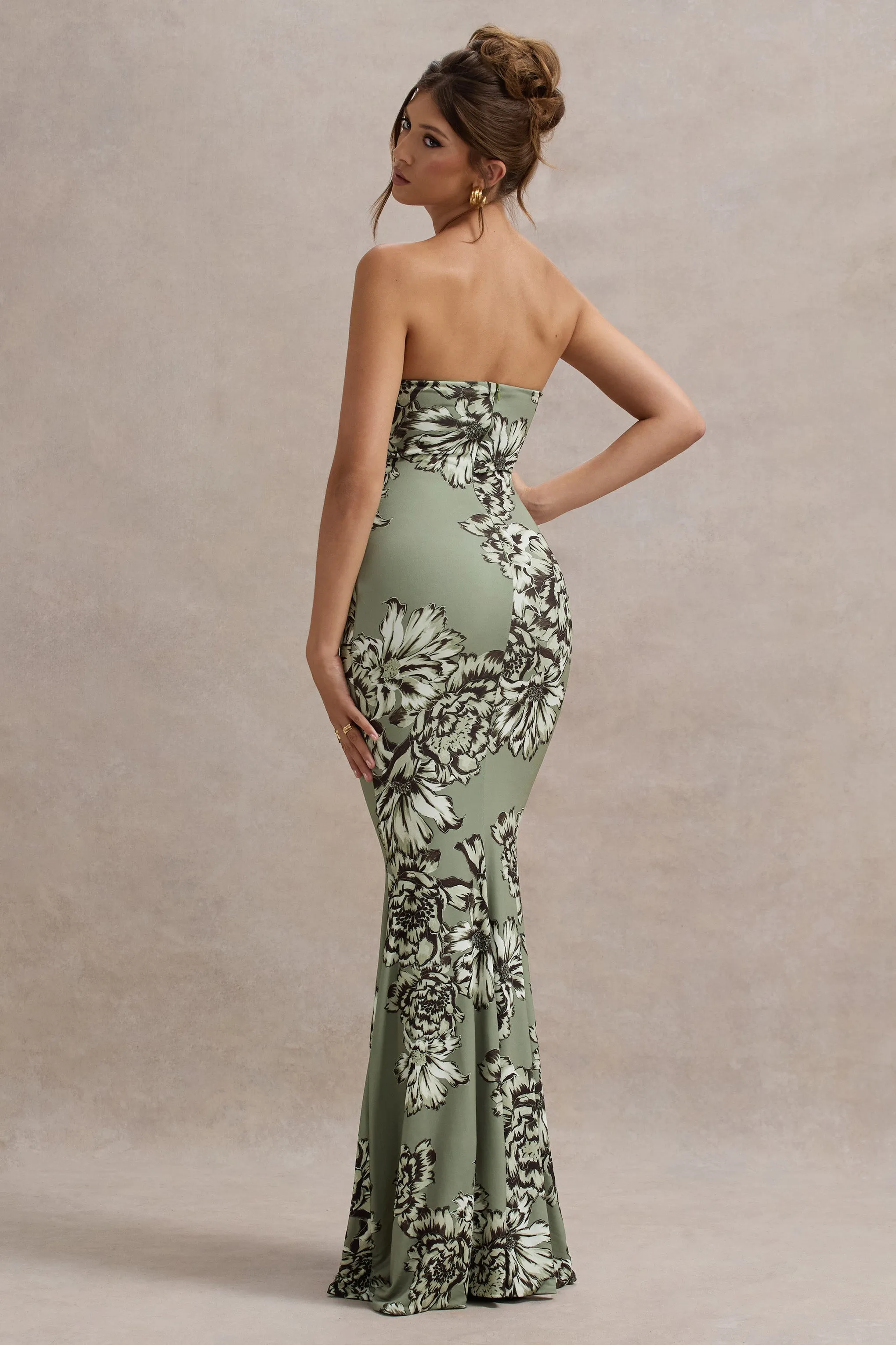 Buena | Robe longue sans bretelles à imprimé floral vert olive froncée avec fente