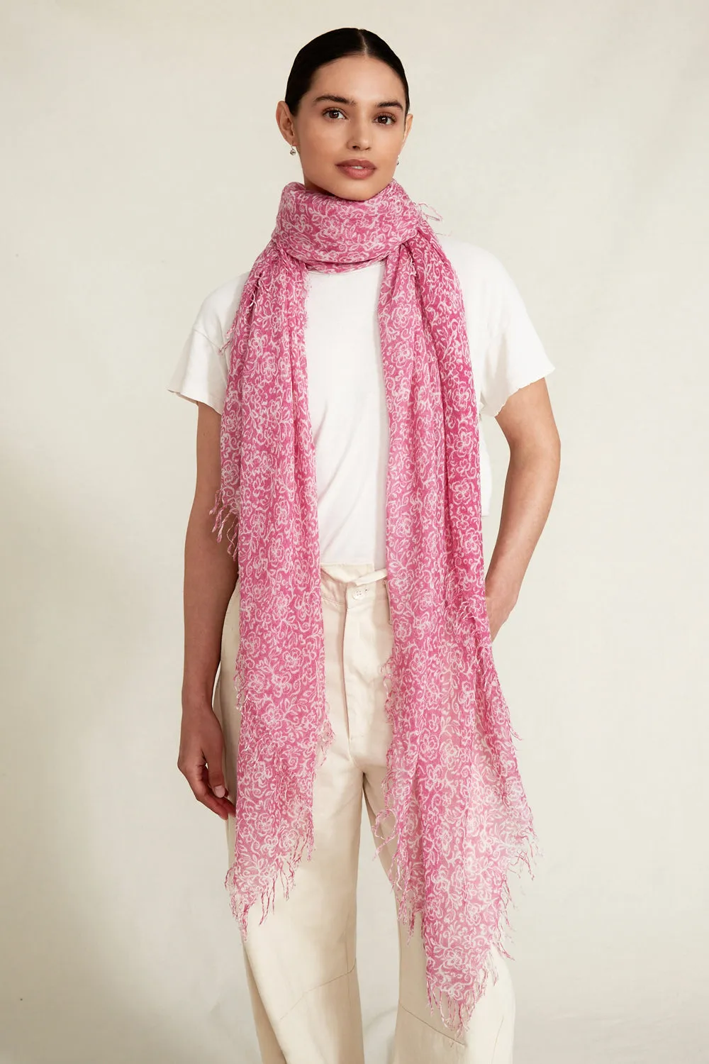 Cashmere and Silk Scarf Pink Hibiscus Floral