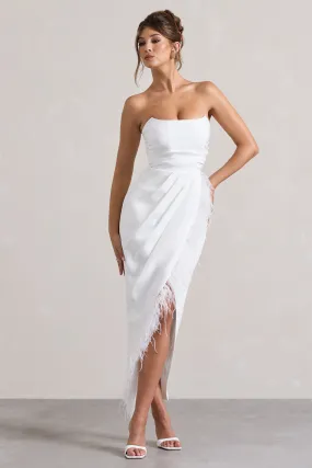 Chosen | Robe longue bandeau blanche avec borbure en plumes