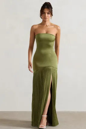 Confidence | Robe longue en satin vert olive plissée et fendue