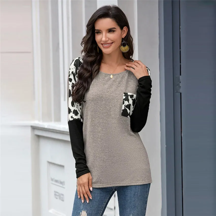 DressBetty - 2024 Leopard Patchwork Long Sleeve Tee for Women