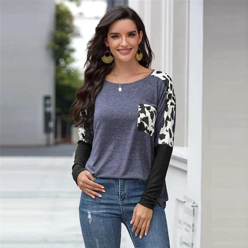 DressBetty - 2024 Leopard Patchwork Long Sleeve Tee for Women