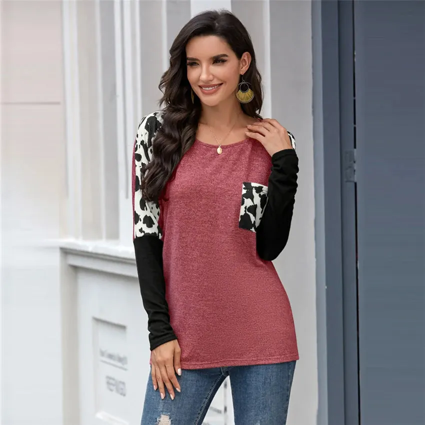 DressBetty - 2024 Leopard Patchwork Long Sleeve Tee for Women