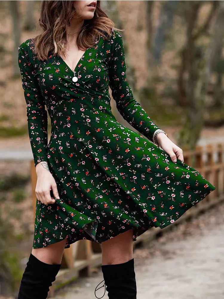 DressBetty - 2024 Vintage Floral Printed Green A-line Swing Boho Dress