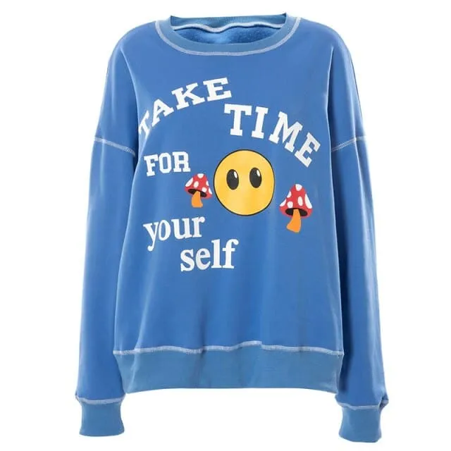 DressBetty - Letter Cartoon Print Hoodies Autumn Winter Cute Blue Sweatshirts Long Sleeve Patchwork Woman Clothes Loose Streetwear Tops