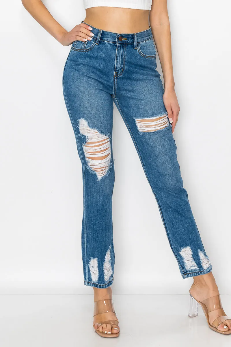 Eleanor - High Rise Destructed Hem Mom Jeans