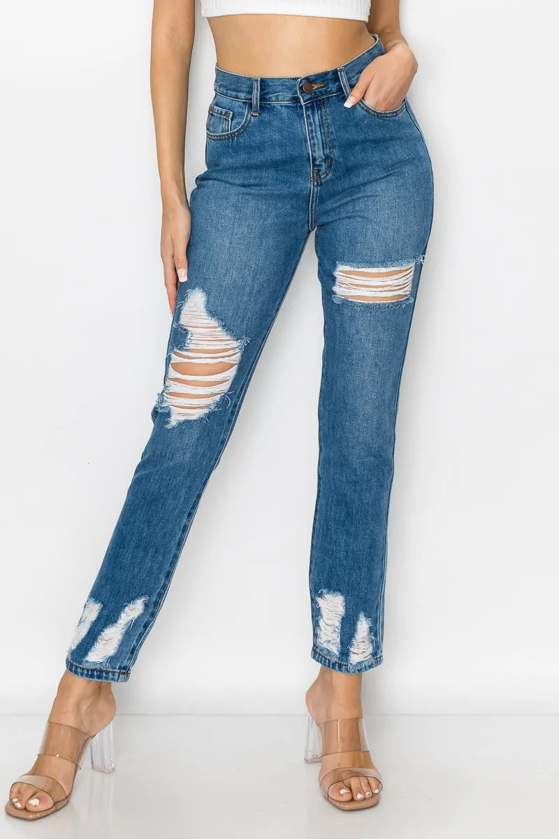 Eleanor - High Rise Destructed Hem Mom Jeans