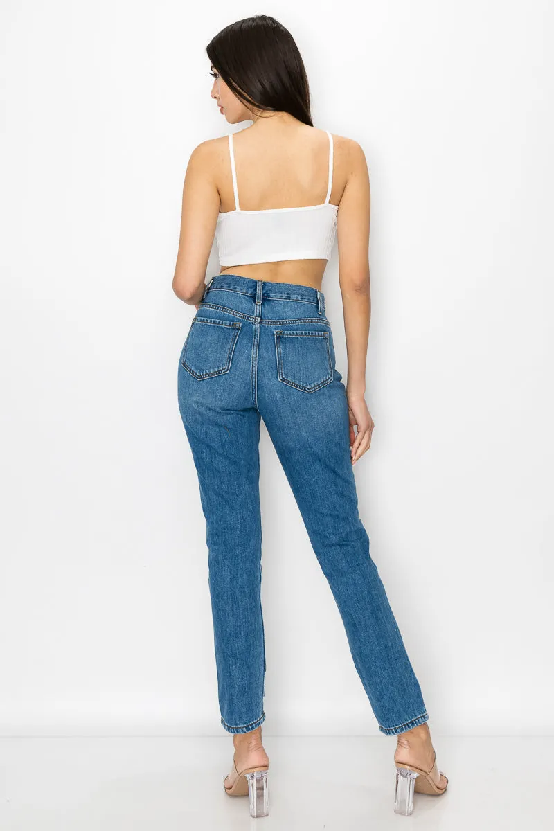 Eleanor - High Rise Destructed Hem Mom Jeans