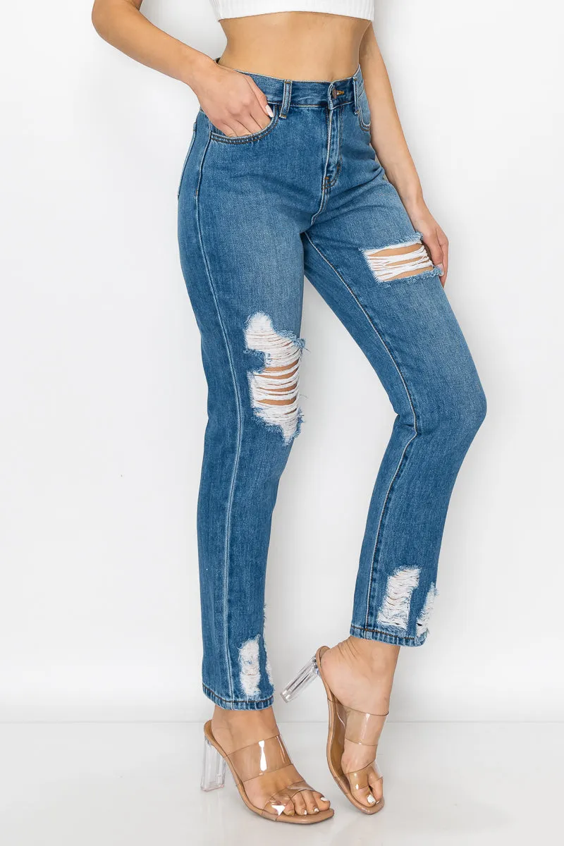 Eleanor - High Rise Destructed Hem Mom Jeans