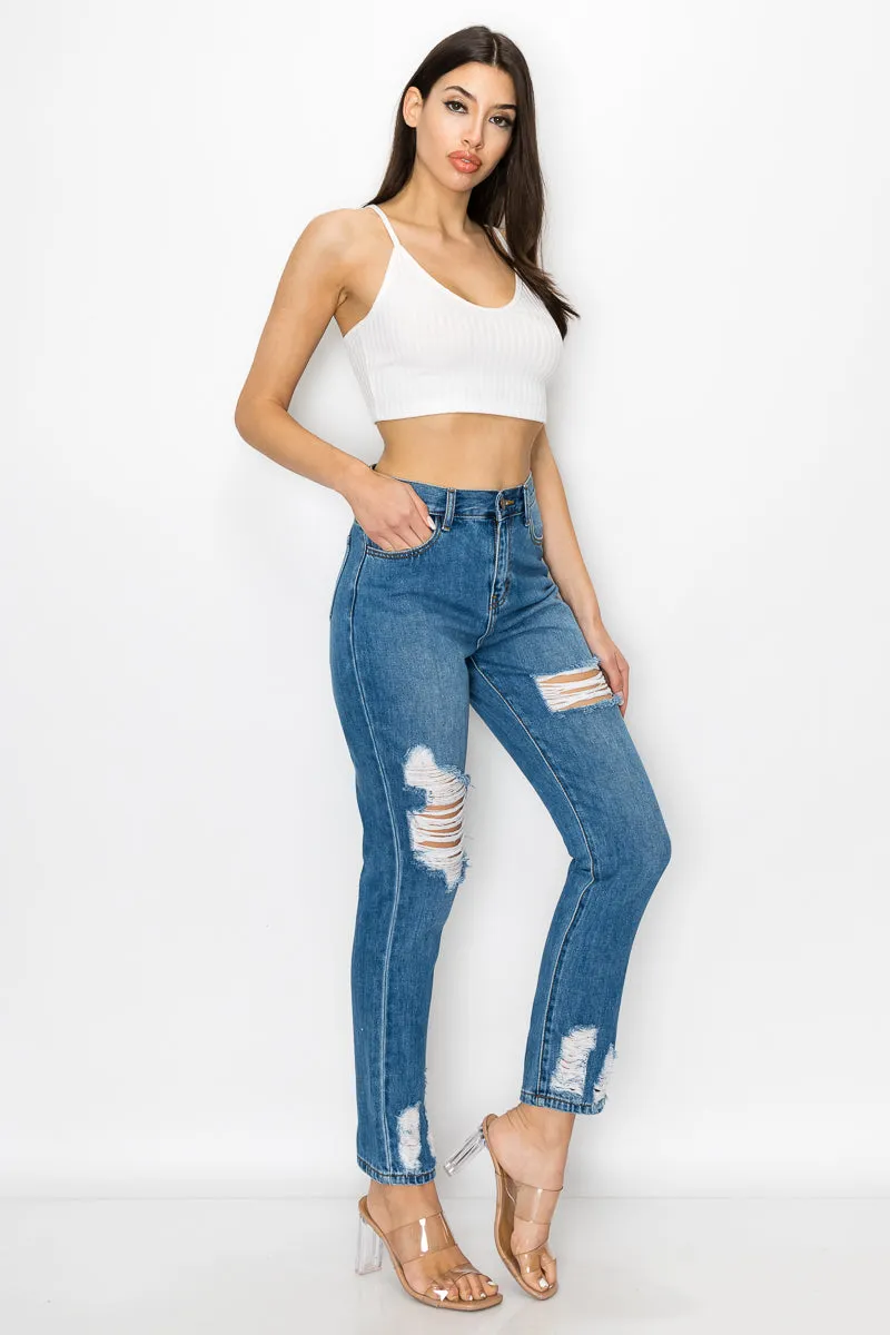 Eleanor - High Rise Destructed Hem Mom Jeans