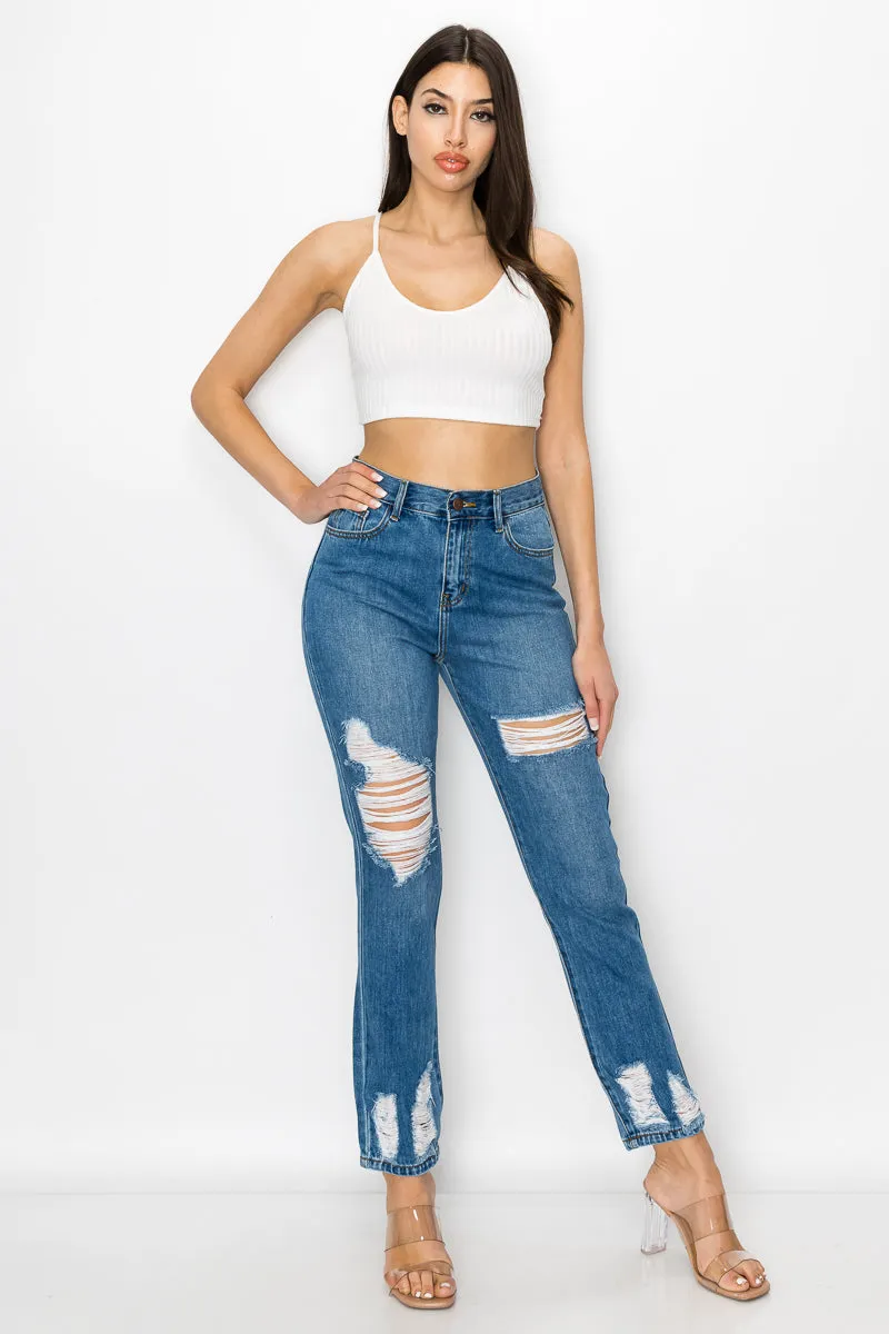 Eleanor - High Rise Destructed Hem Mom Jeans