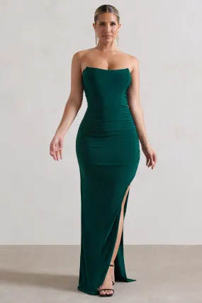 Eletta | Robe longue froncée vert bouteille à bandeau asymétrique