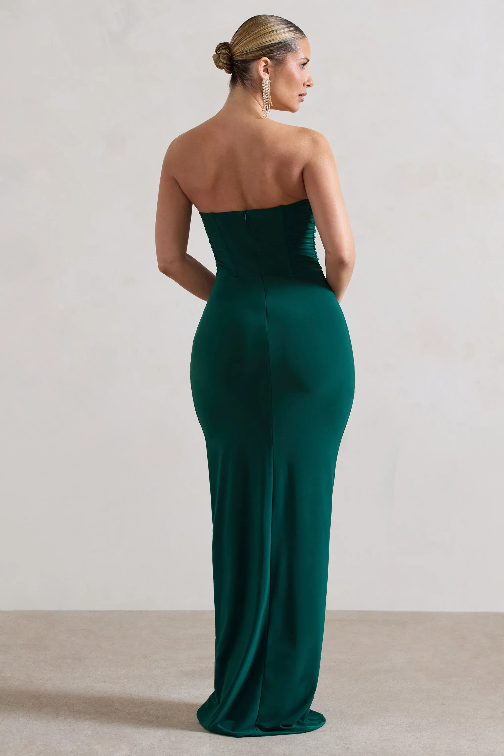 Eletta | Robe longue froncée vert bouteille à bandeau asymétrique