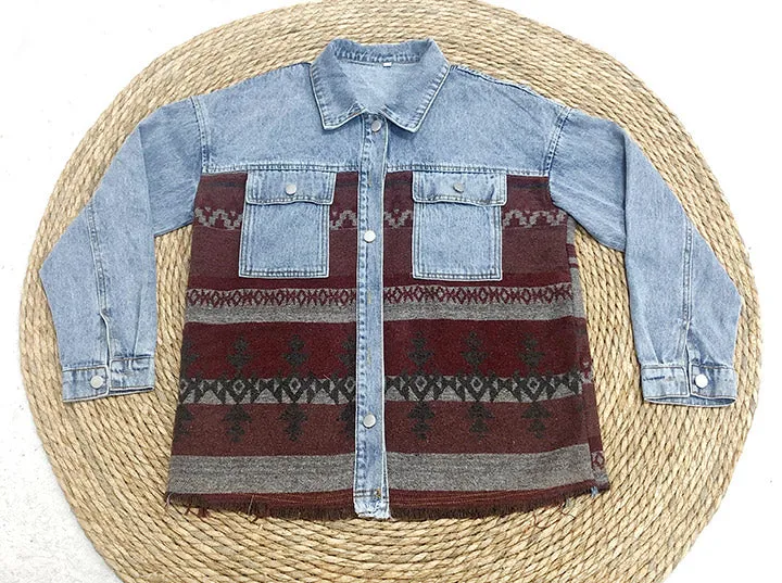 elveswallet Retro Aztec Lapel Pocket Denim Patchwork Jacket